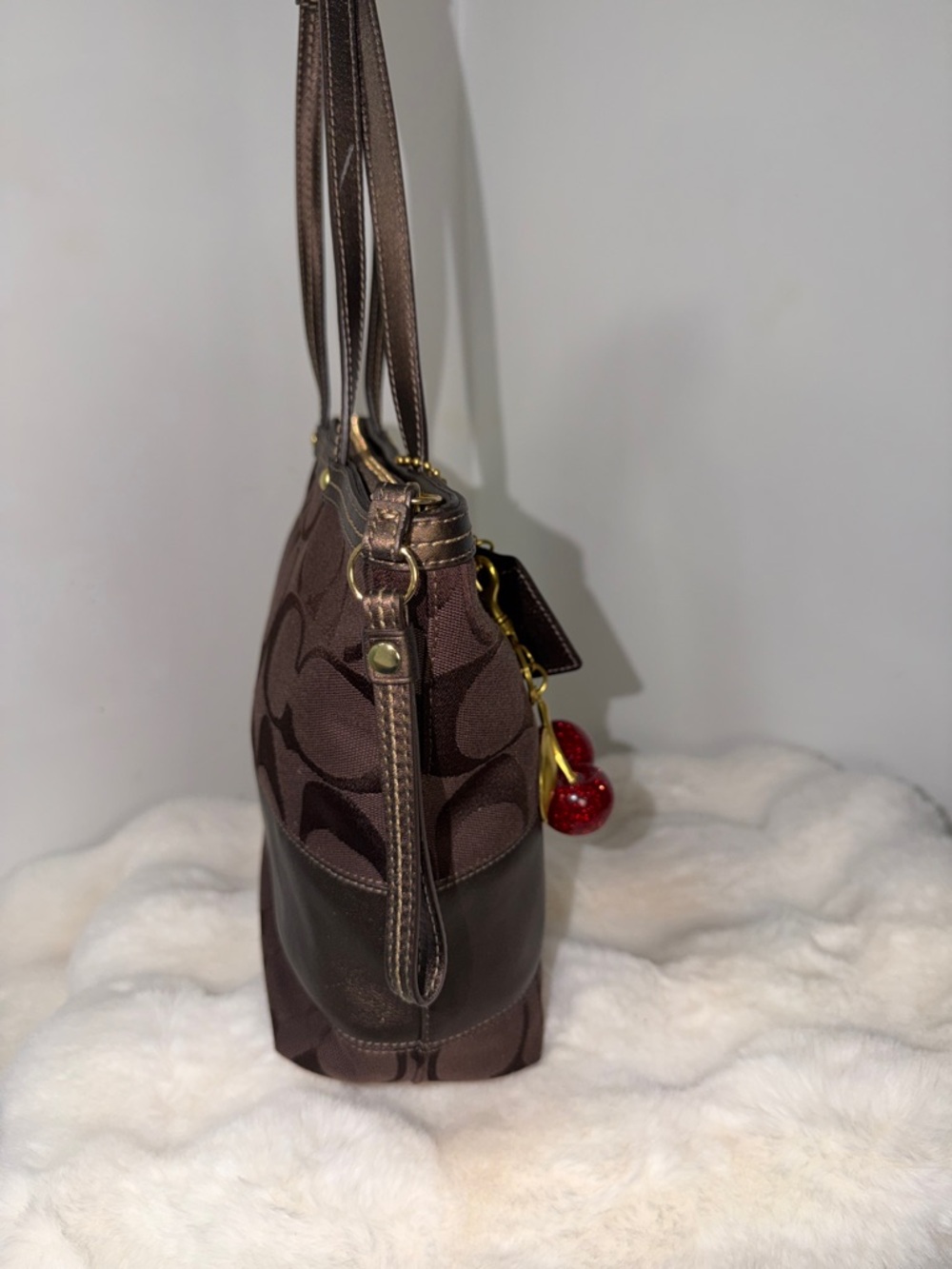 Coach Dark Brown Signature Canvas Tote with Cherry Charm - Picture 5 of 6